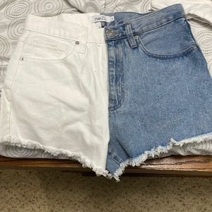Half white half blue Jean shorts